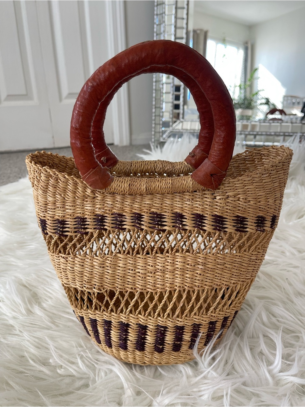 Woven Rattan Tote with Brown Leather Handles